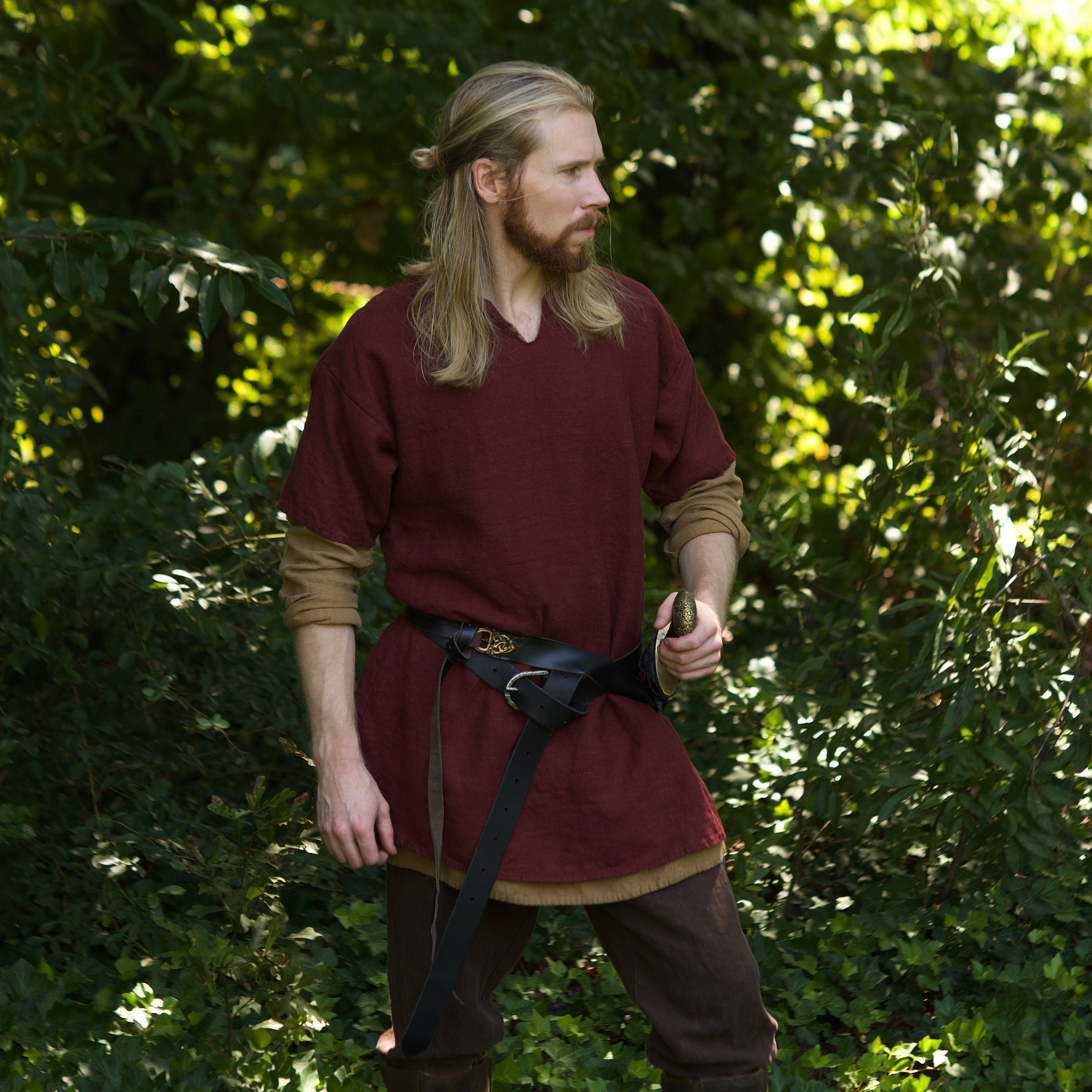 Viking Shirt Short Sleeves' Tunic - Brown/Green Trim